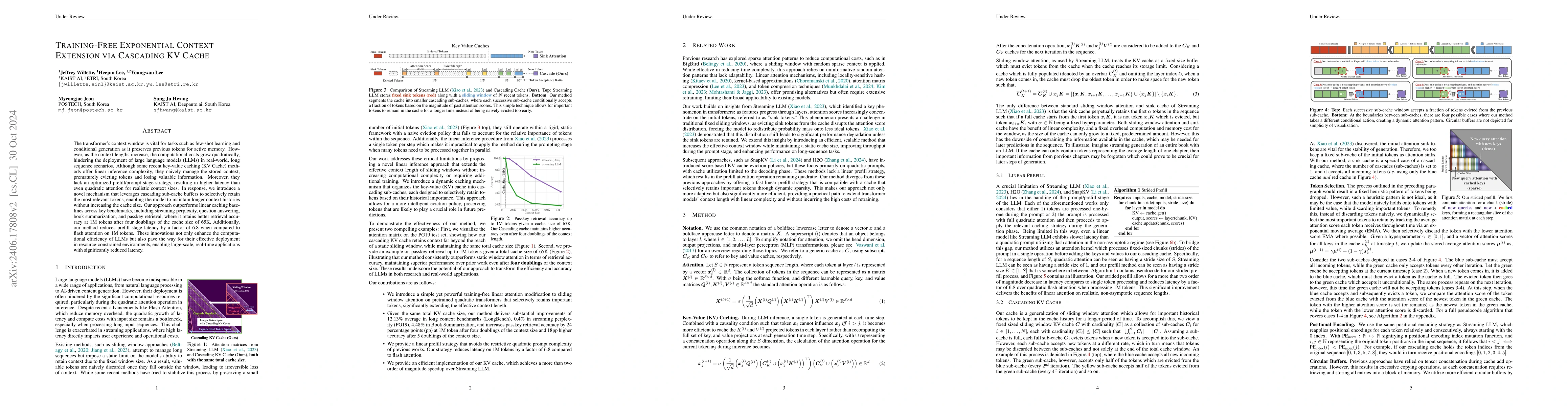 Thumbnail for Training-Free Exponential Extension of Sliding Window Context with
  Cascading KV Cache