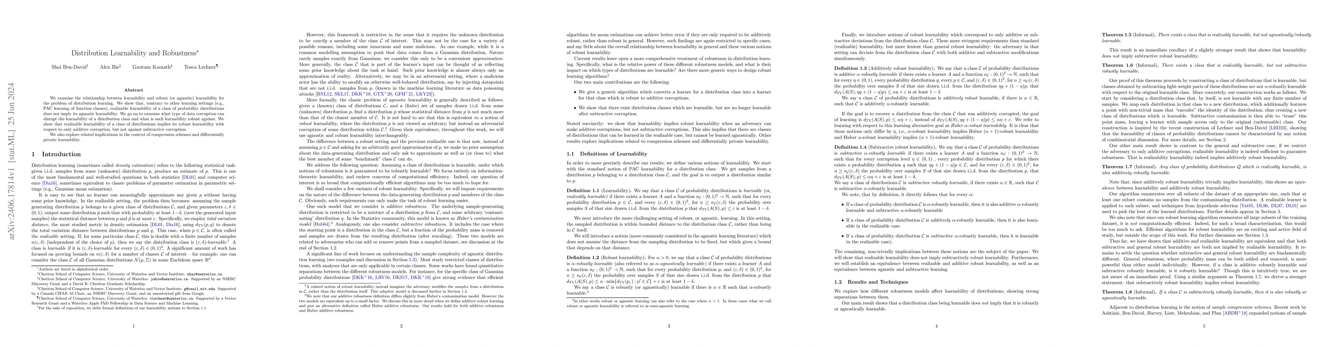 Thumbnail for Distribution Learnability and Robustness