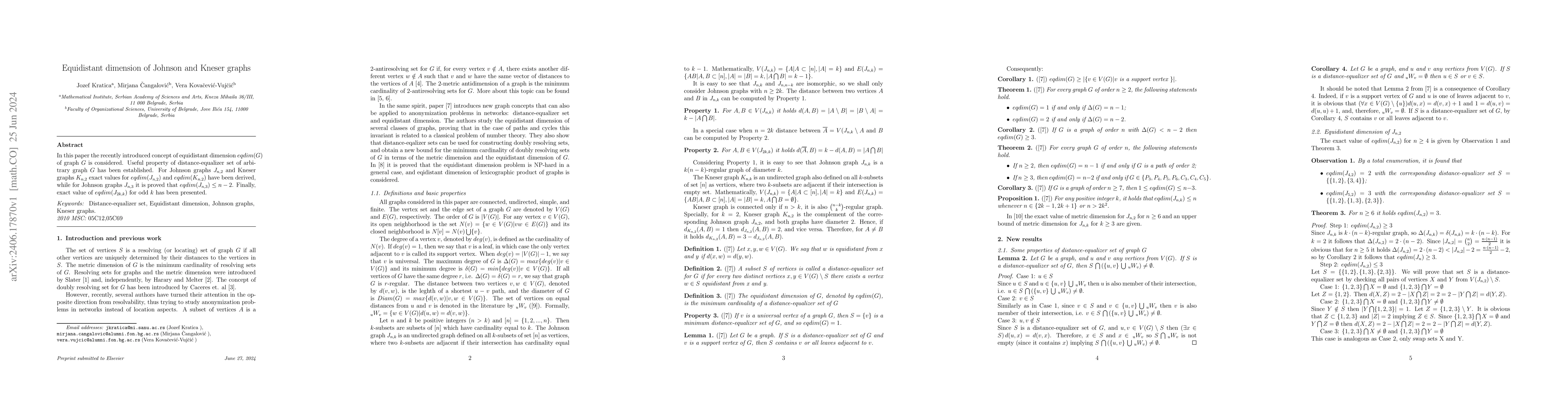 Thumbnail for Equidistant dimension of Johnson and Kneser graphs
