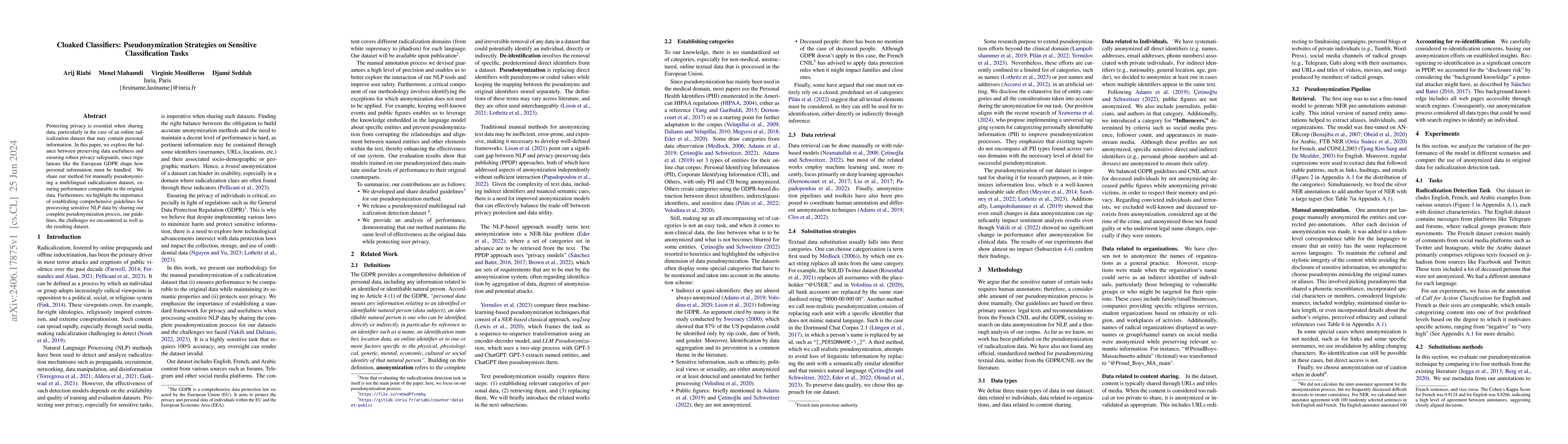 Thumbnail for Cloaked Classifiers: Pseudonymization Strategies on Sensitive
  Classification Tasks