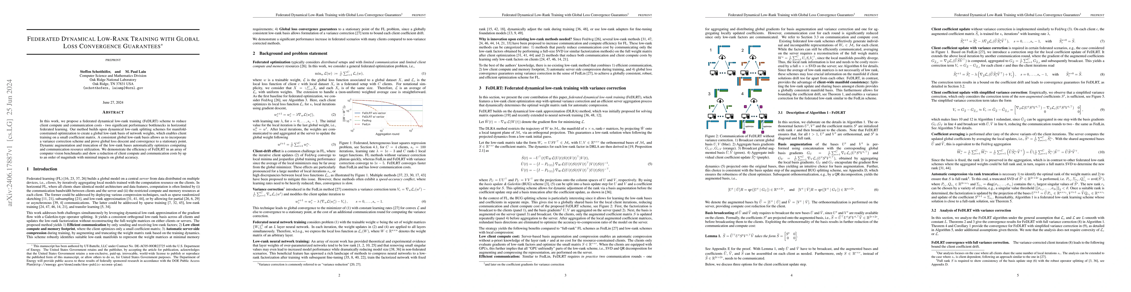 Thumbnail for Federated Dynamical Low-Rank Training with Global Loss Convergence
  Guarantees