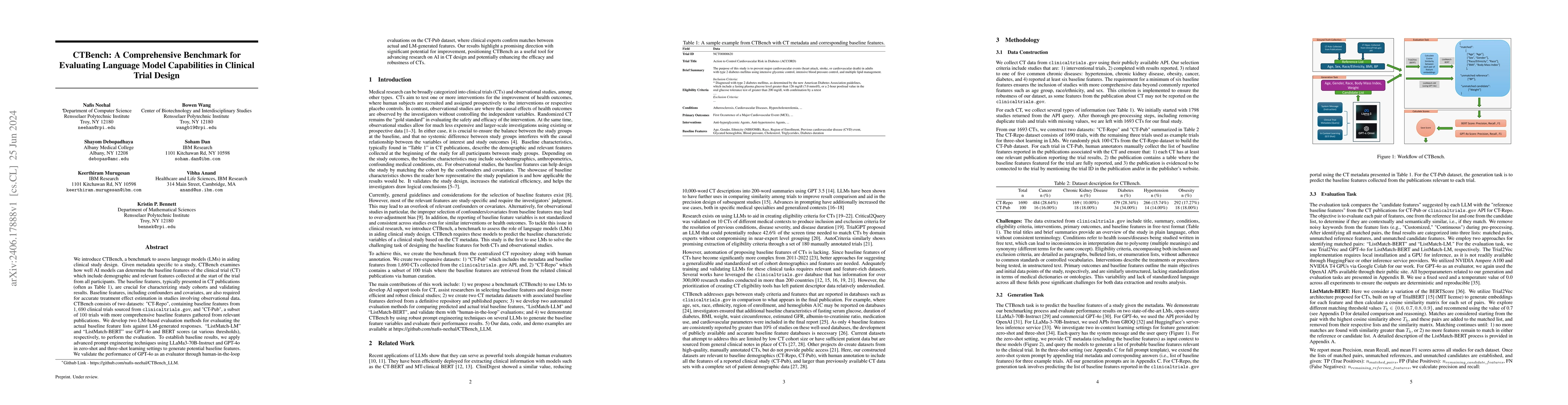 Thumbnail for CTBench: A Comprehensive Benchmark for Evaluating Language Model
  Capabilities in Clinical Trial Design