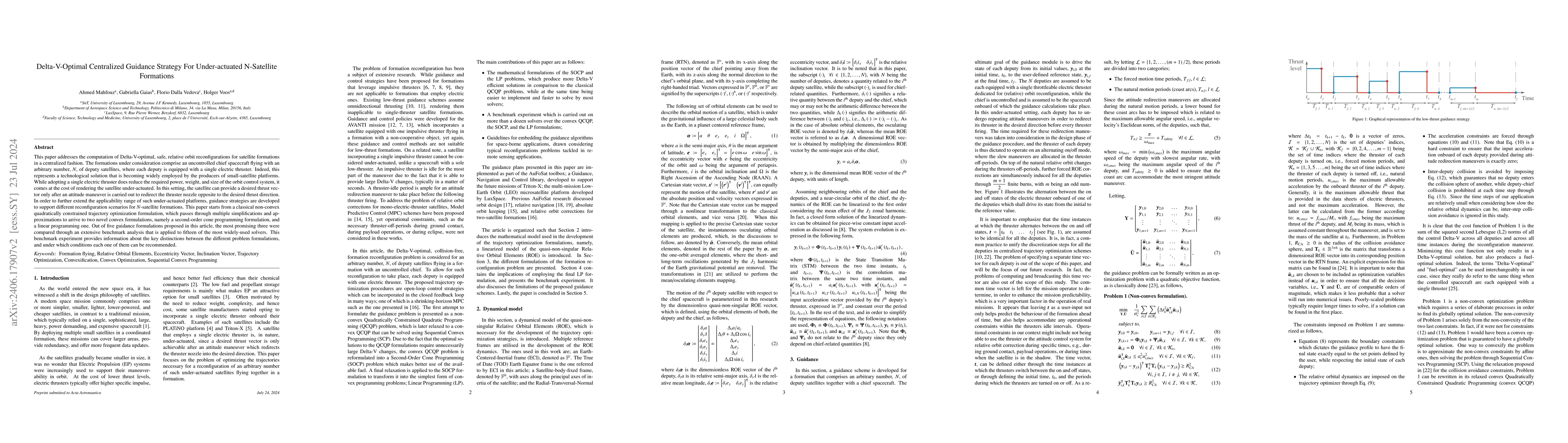 Thumbnail for Delta-V-Optimal Centralized Guidance Strategy For Under-actuated
  N-Satellite Formations