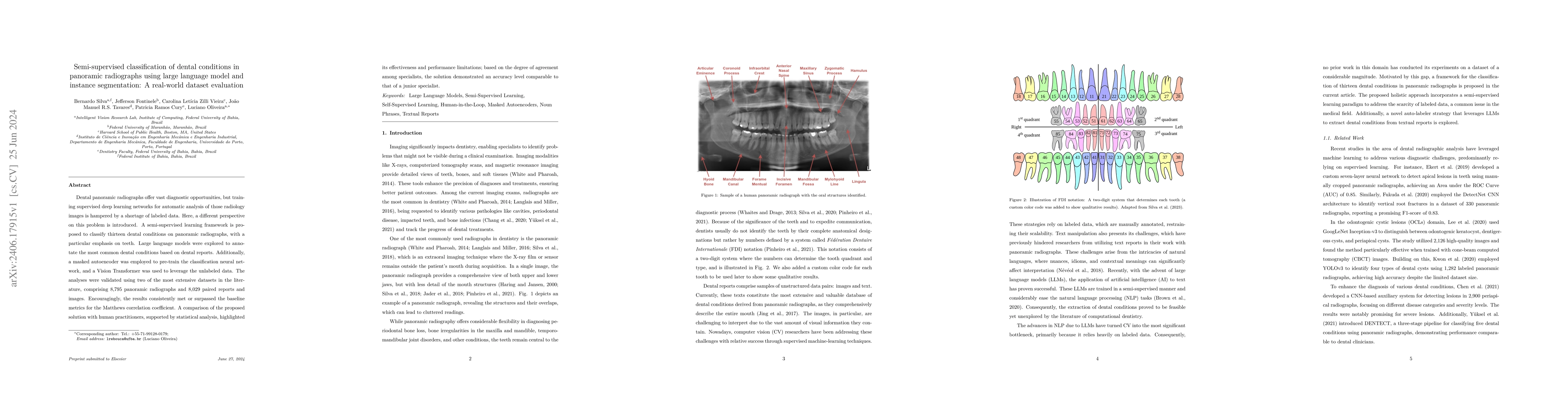 Thumbnail for Semi-supervised classification of dental conditions in panoramic
  radiographs using large language model and instance segmentation: A
  real-world dataset evaluation