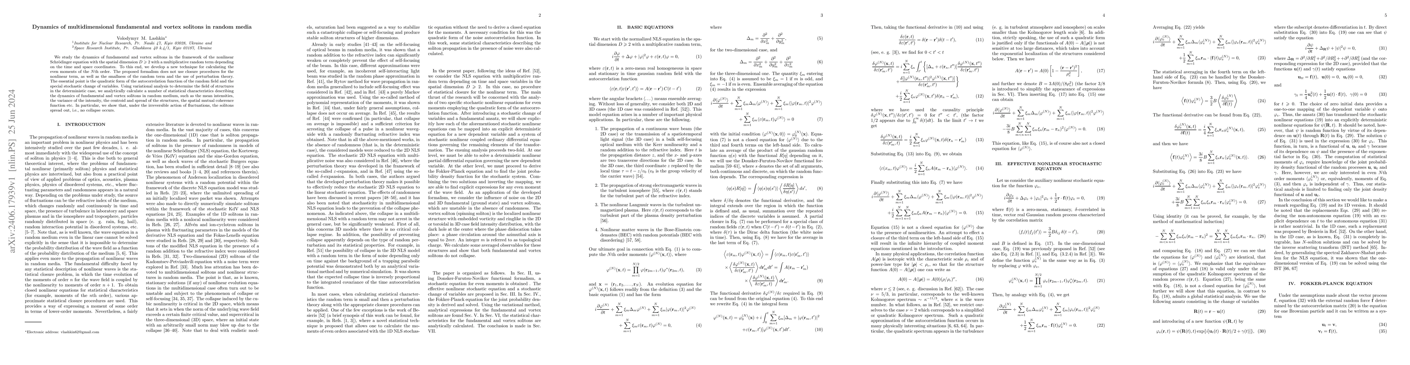 Thumbnail for Dynamics of multidimensional fundamental and vortex solitons in random
  media
