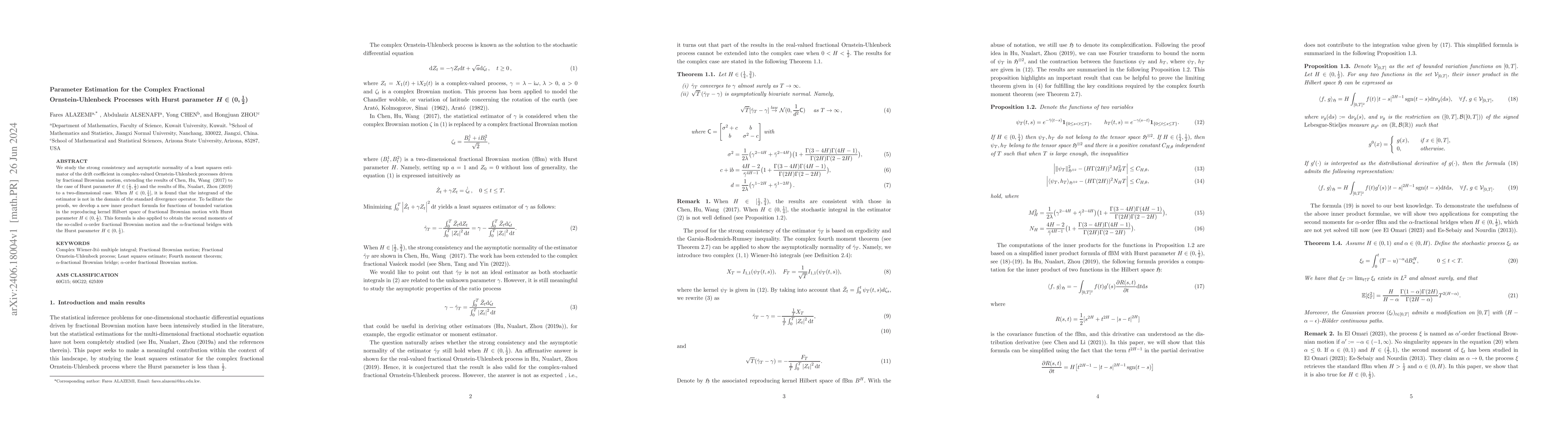 Thumbnail for Parameter Estimation for the Complex Fractional Ornstein-Uhlenbeck
  Processes with Hurst parameter H \in (0, 1/2)