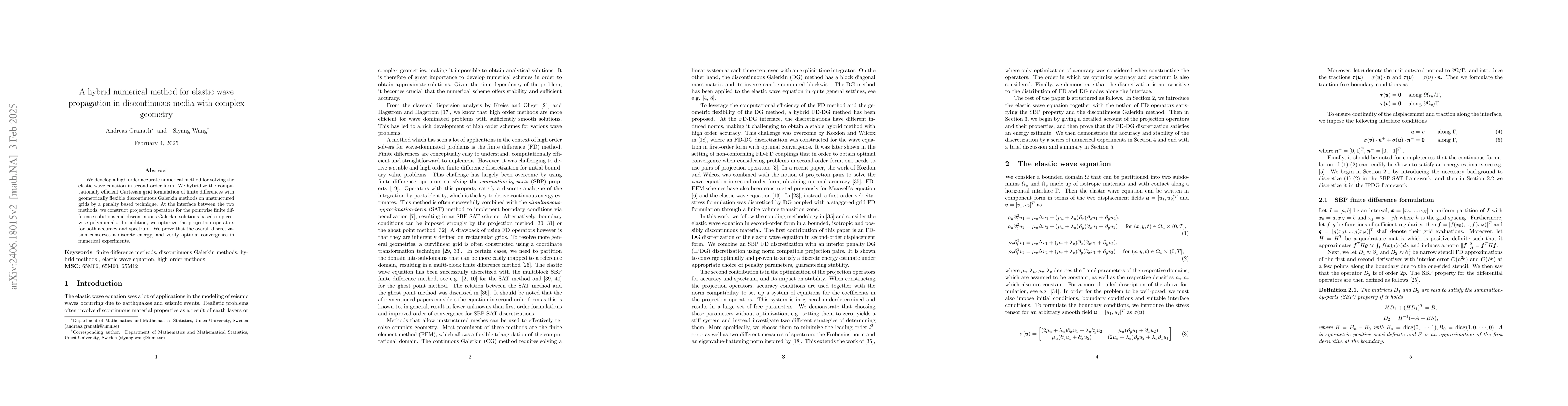 Thumbnail for A hybrid numerical method for elastic wave propagation in discontinuous
  media with complex geometry