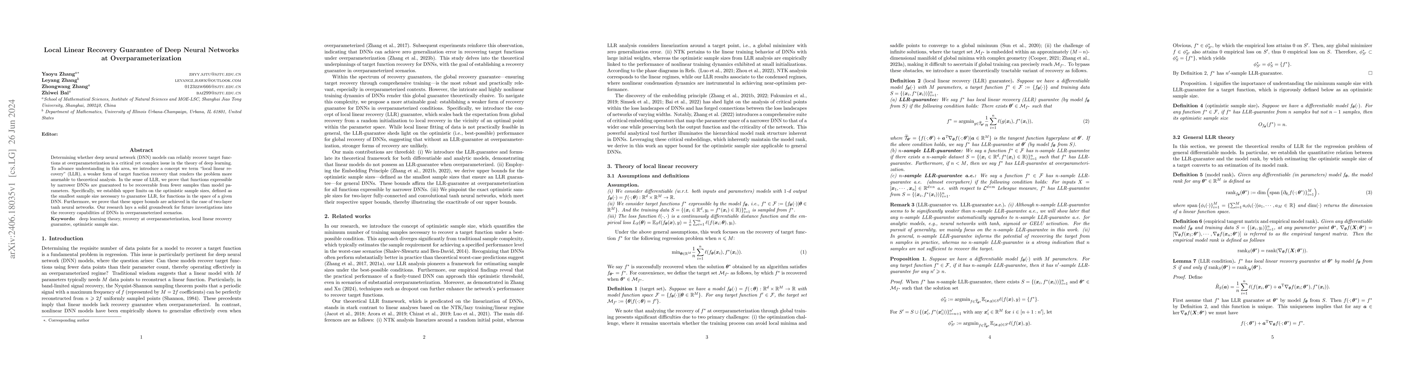 Thumbnail for Local Linear Recovery Guarantee of Deep Neural Networks at
  Overparameterization