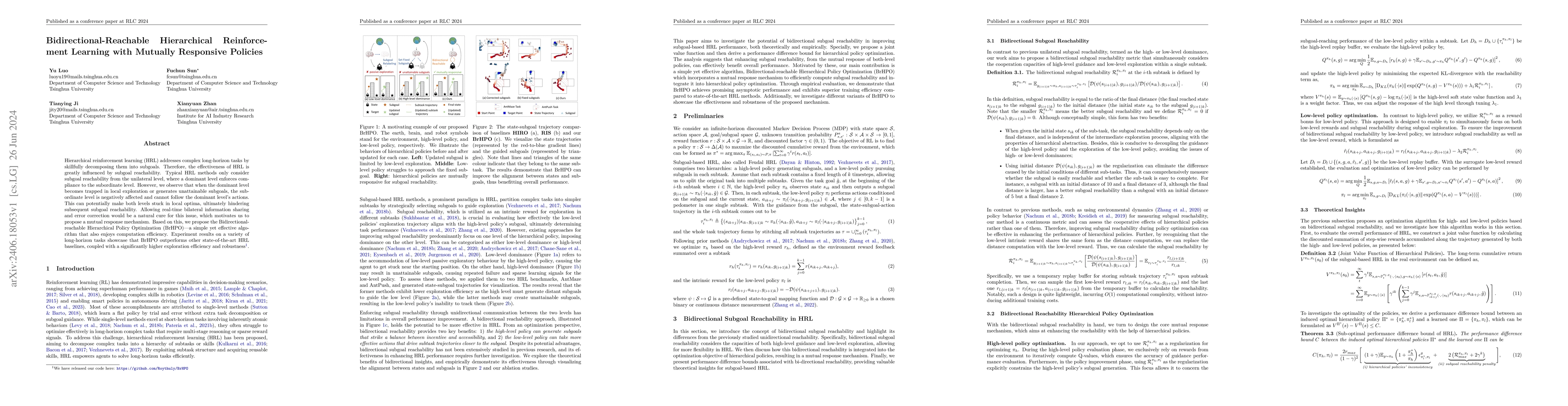 Thumbnail for Bidirectional-Reachable Hierarchical Reinforcement Learning with
  Mutually Responsive Policies