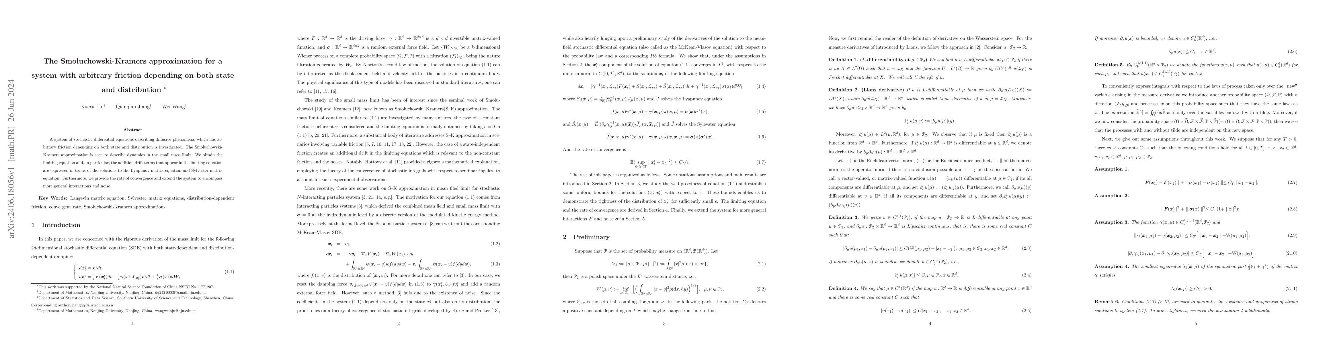 Thumbnail for The Smoluchowski-Kramers approximation for a system with arbitrary
  friction depending on both state and distribution