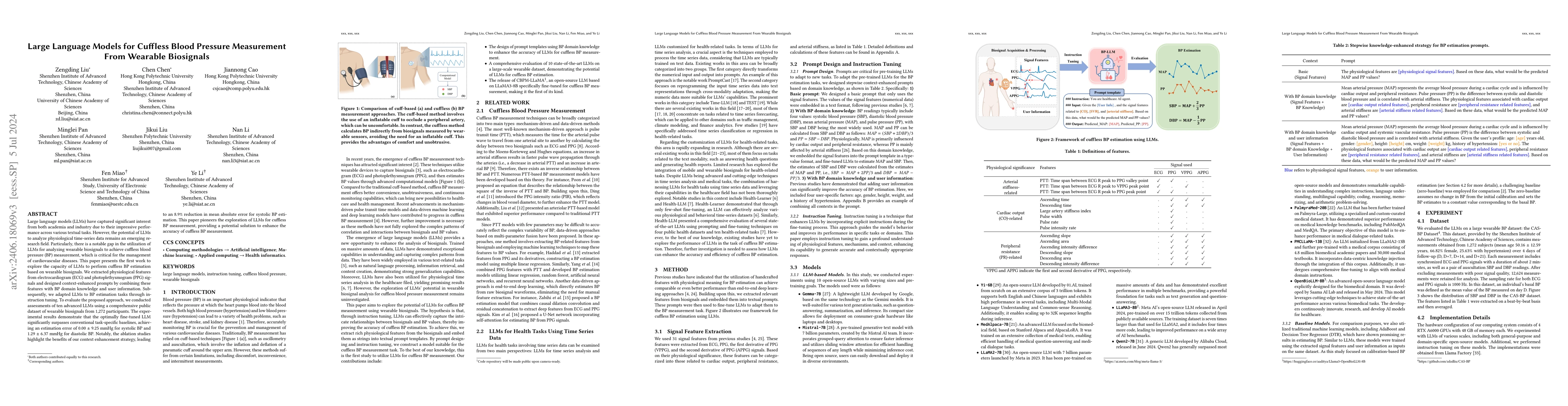 Thumbnail for Large Language Models for Cuffless Blood Pressure Measurement From
  Wearable Biosignals