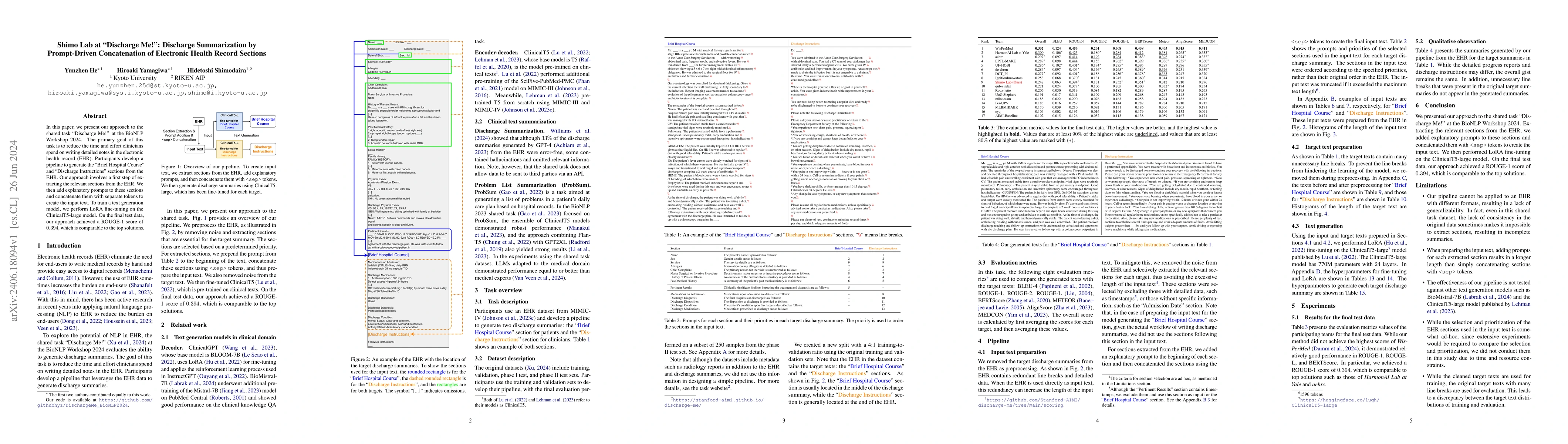 Thumbnail for Shimo Lab at "Discharge Me!": Discharge Summarization by Prompt-Driven
  Concatenation of Electronic Health Record Sections