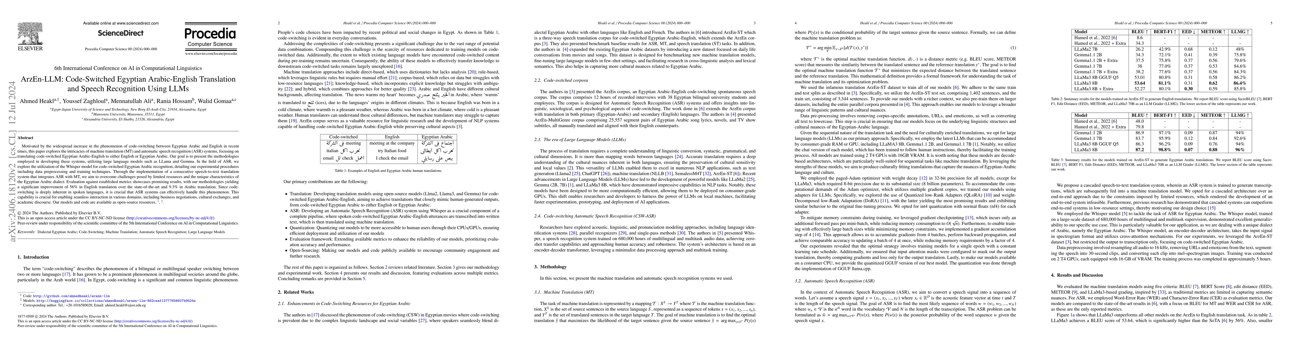 Thumbnail for ArzEn-LLM: Code-Switched Egyptian Arabic-English Translation and Speech
  Recognition Using LLMs