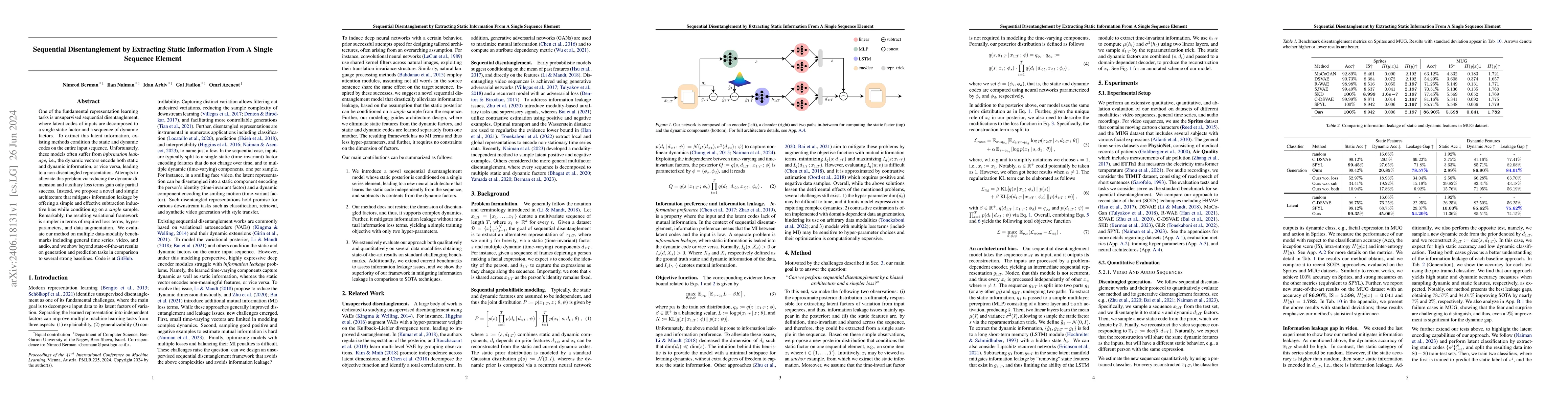 Thumbnail for Sequential Disentanglement by Extracting Static Information From A
  Single Sequence Element