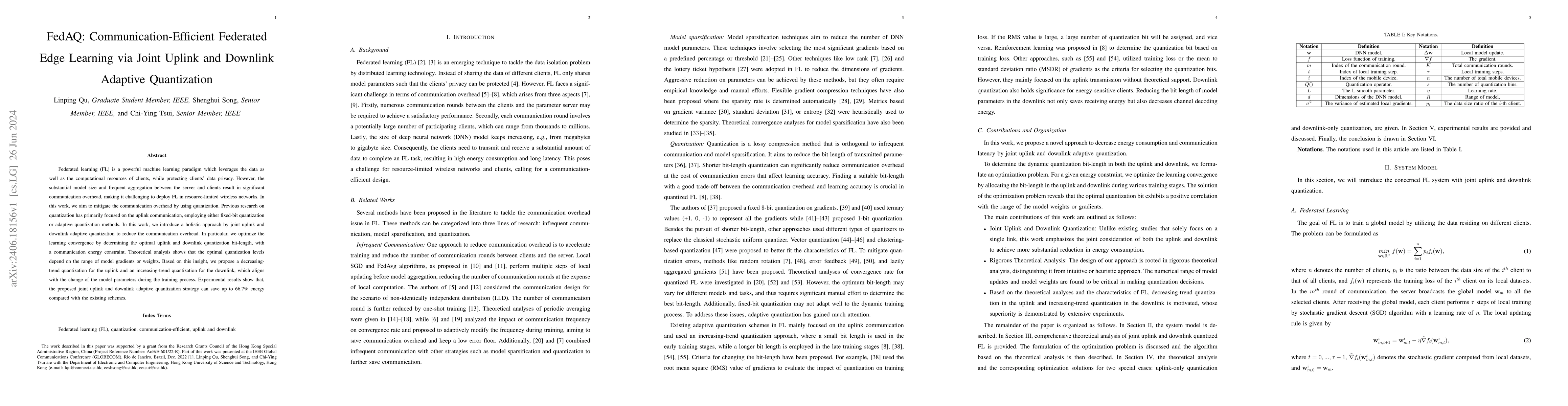 Thumbnail for FedAQ: Communication-Efficient Federated Edge Learning via Joint Uplink
  and Downlink Adaptive Quantization