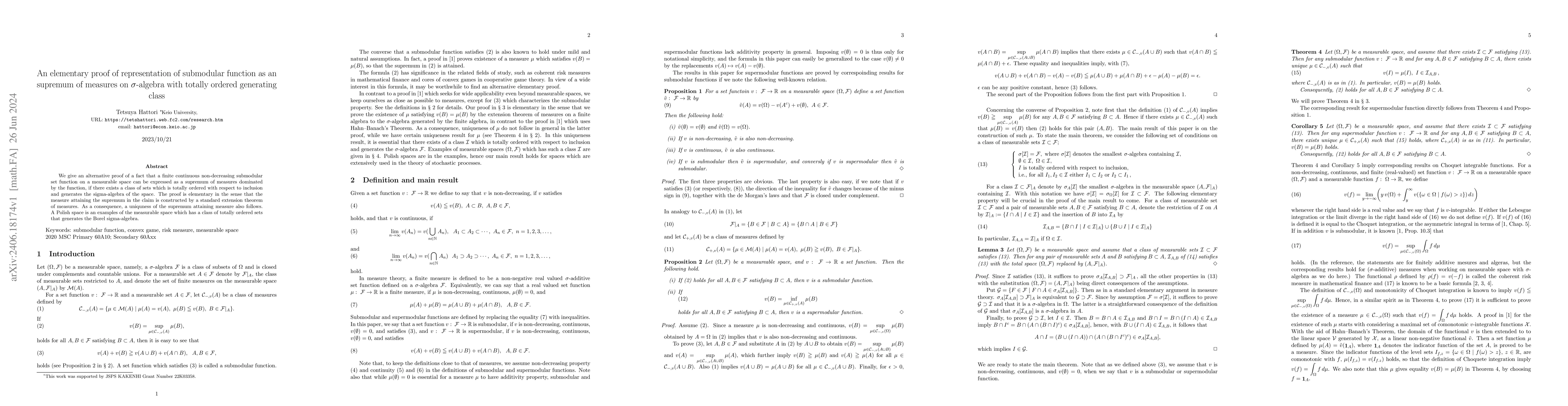 Thumbnail for An elementary proof of representation of submodular function as an
  supremum of measures on $\sigma$-algebra with totally ordered generating
  class