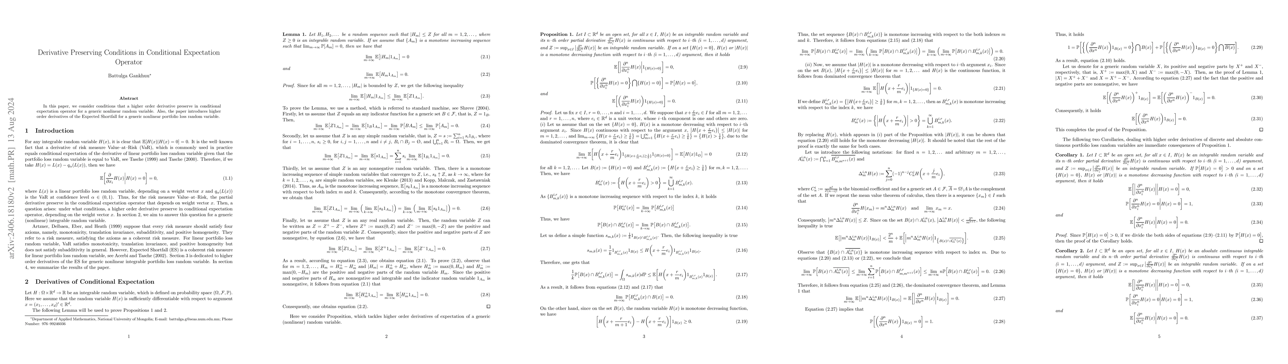 Thumbnail for Derivative Preserving Conditions in Conditional Expectation Operator