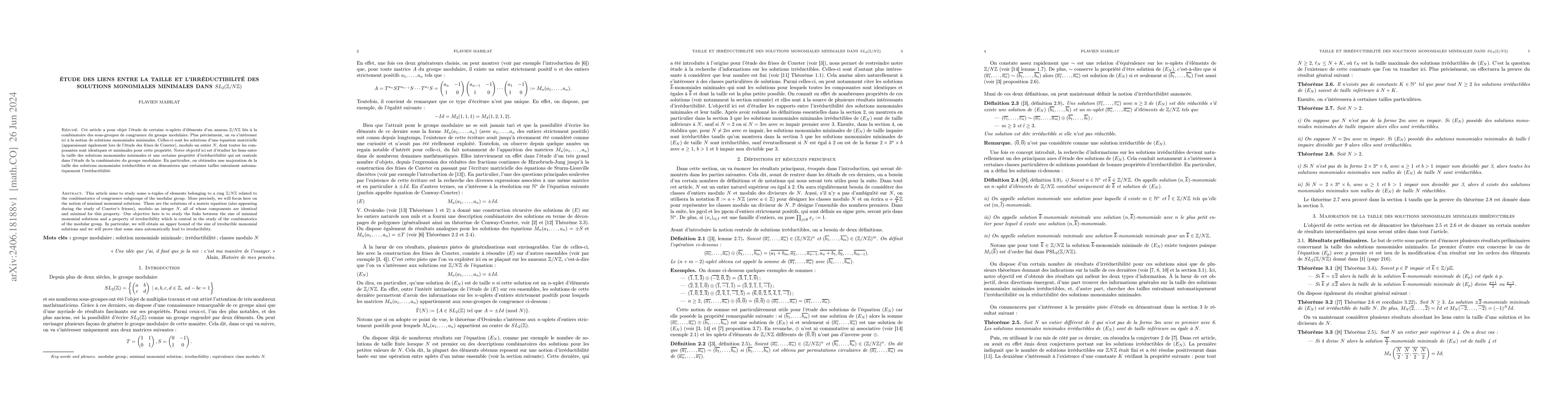 Thumbnail for \'Etude des liens entre la taille et l'irr\'eductibilit\'e des solutions
  monomiales minimales dans $SL_{2}(\mathbb{Z}/N\mathbb{Z})$