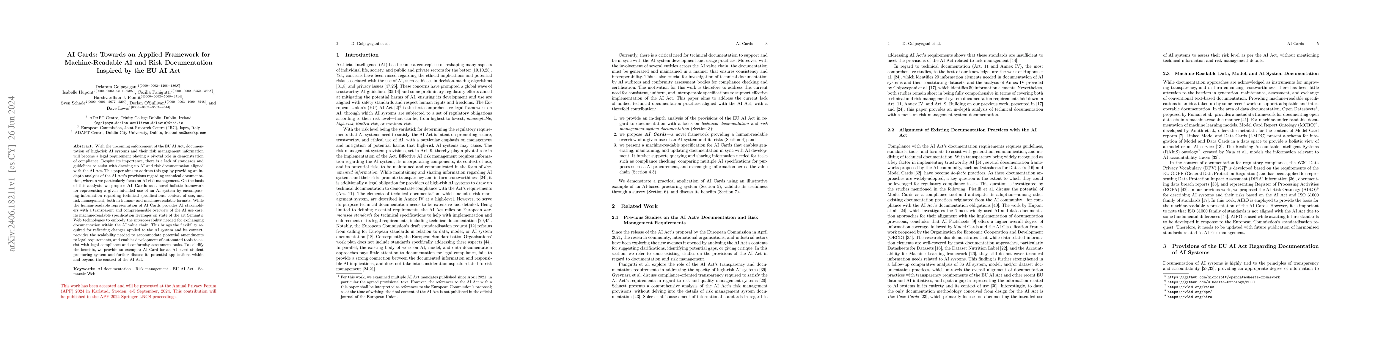 Thumbnail for AI Cards: Towards an Applied Framework for Machine-Readable AI and Risk
  Documentation Inspired by the EU AI Act