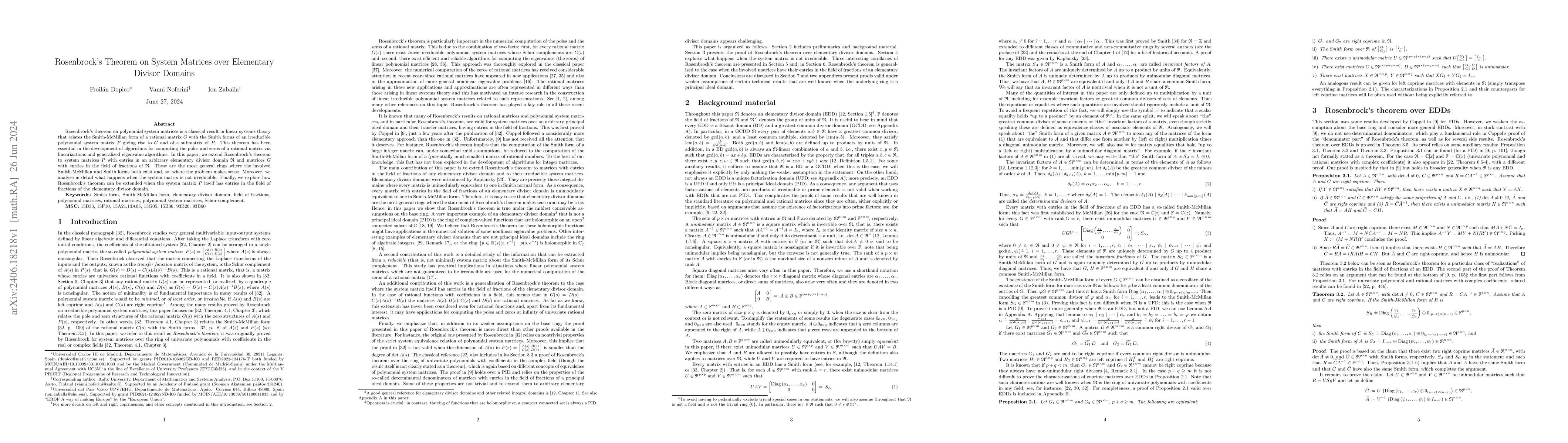 Thumbnail for Rosenbrock's Theorem on System Matrices over Elementary Divisor Domains