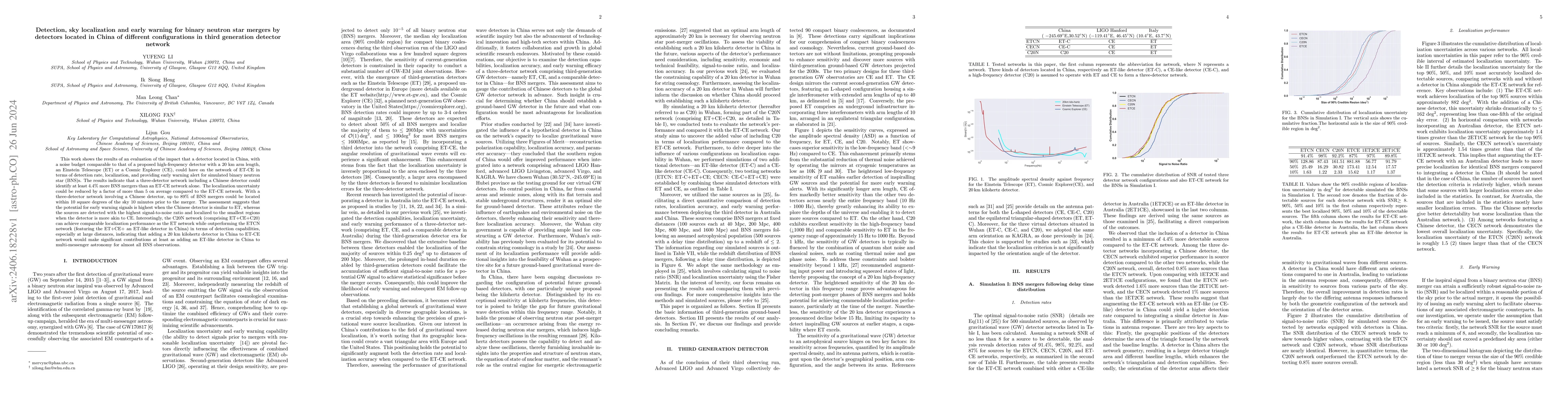 Thumbnail for Detection, sky localization and early warning for binary neutron star
  mergers by detectors located in China of different configurations in third
  generation detector network