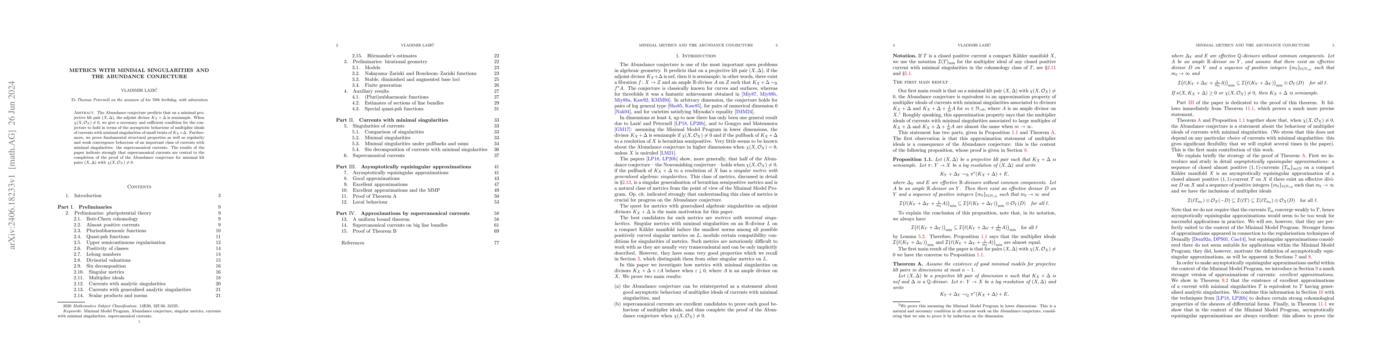 Thumbnail for Metrics with minimal singularities and the Abundance conjecture