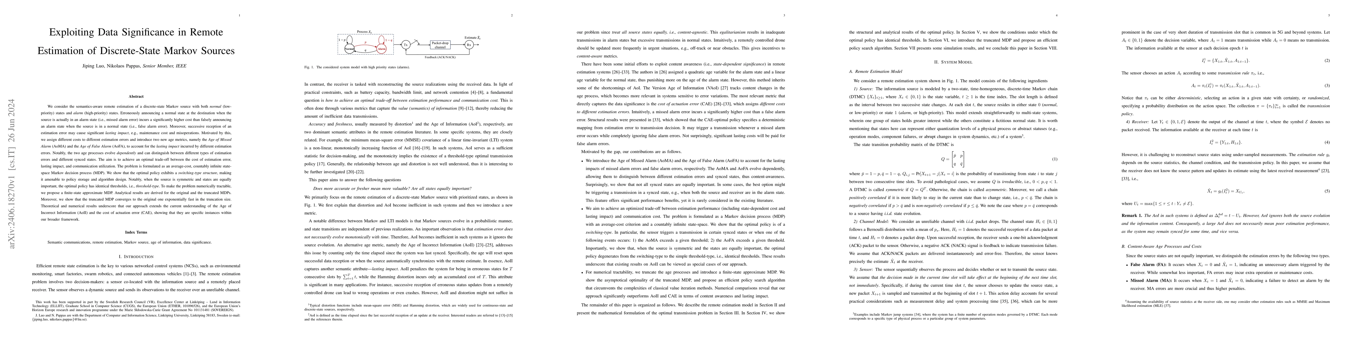 Thumbnail for Exploiting Data Significance in Remote Estimation of Discrete-State
  Markov Sources