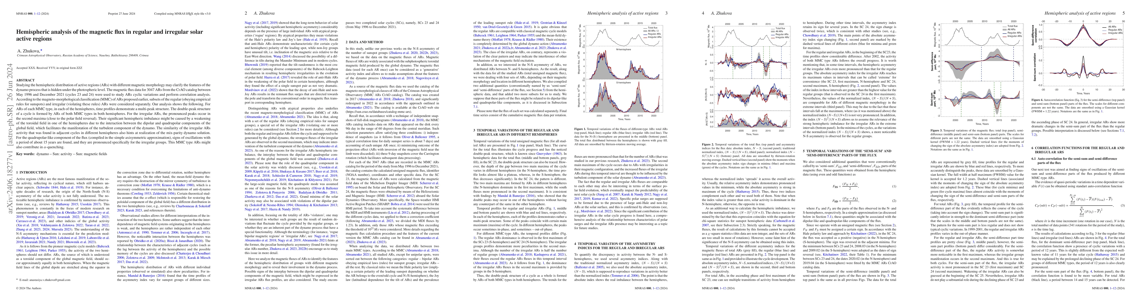 Thumbnail for Hemispheric analysis of the magnetic flux in regular and irregular solar
  active regions