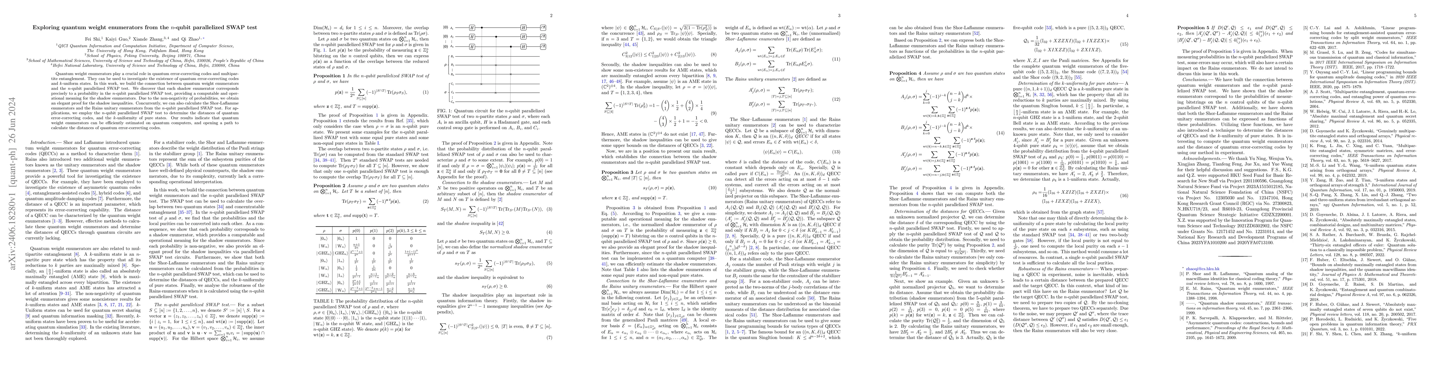 Thumbnail for Exploring quantum weight enumerators from the $n$-qubit parallelized
  SWAP test