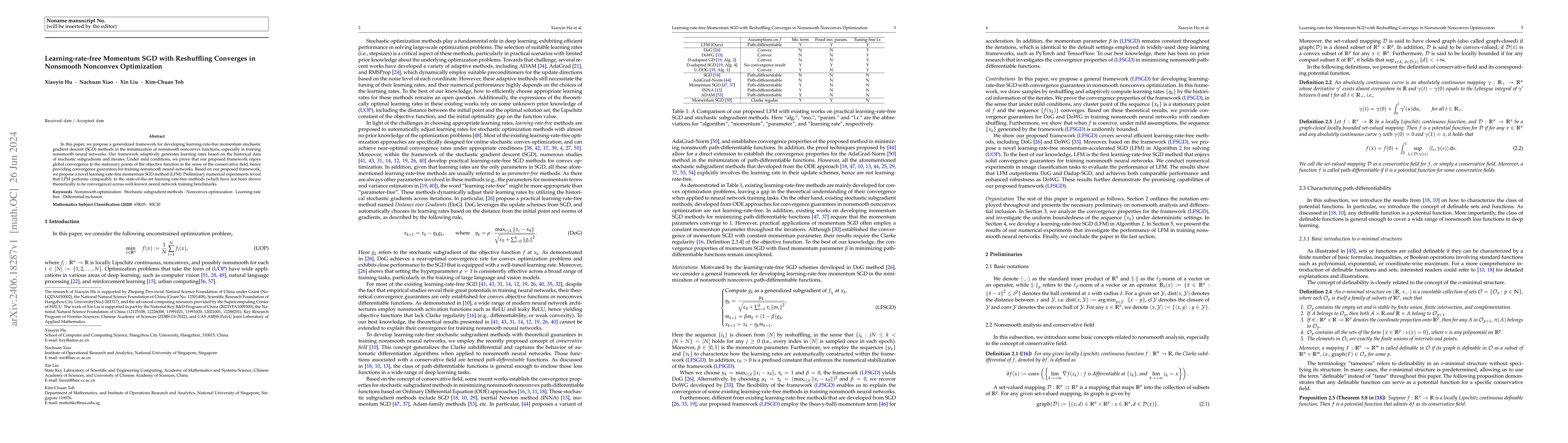 Thumbnail for Learning-rate-free Momentum SGD with Reshuffling Converges in Nonsmooth
  Nonconvex Optimization