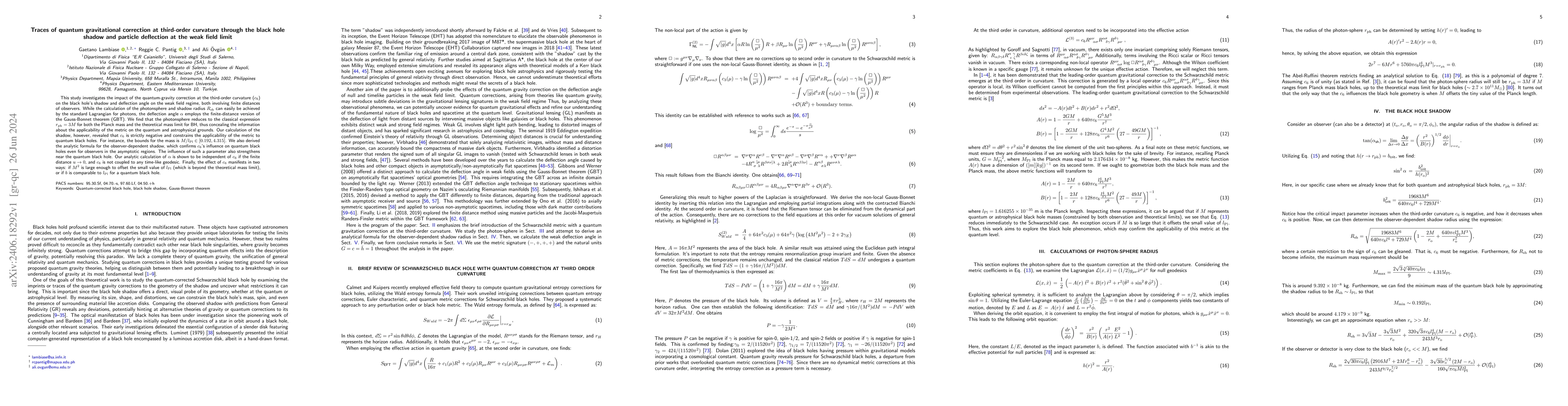 Thumbnail for Traces of quantum gravitational correction at third-order curvature
  through the black hole shadow and particle deflection at the weak field limit