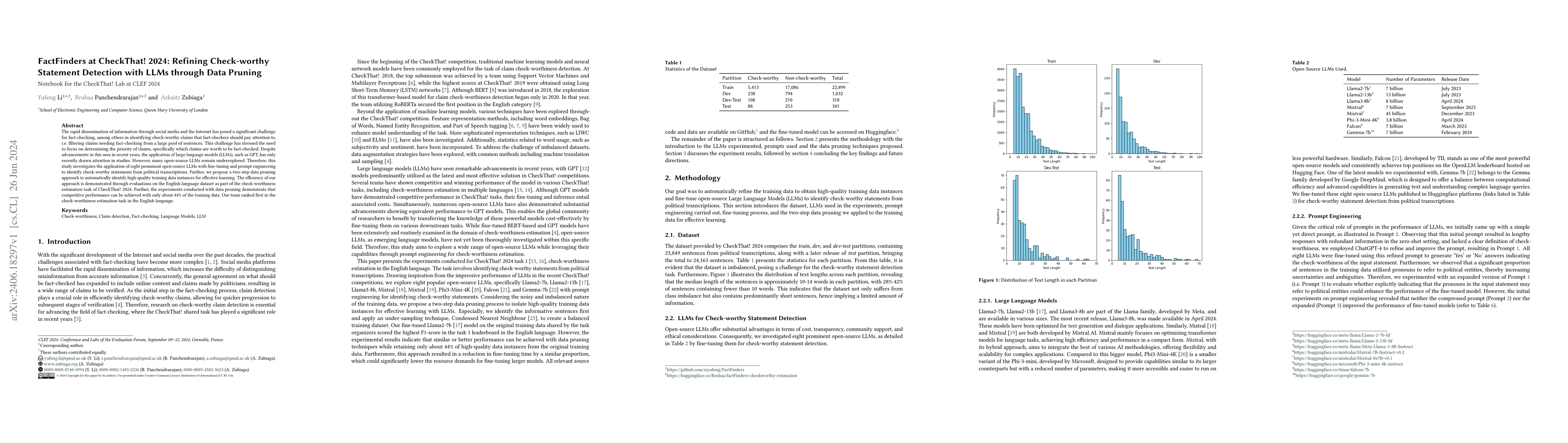 Thumbnail for FactFinders at CheckThat! 2024: Refining Check-worthy Statement
  Detection with LLMs through Data Pruning