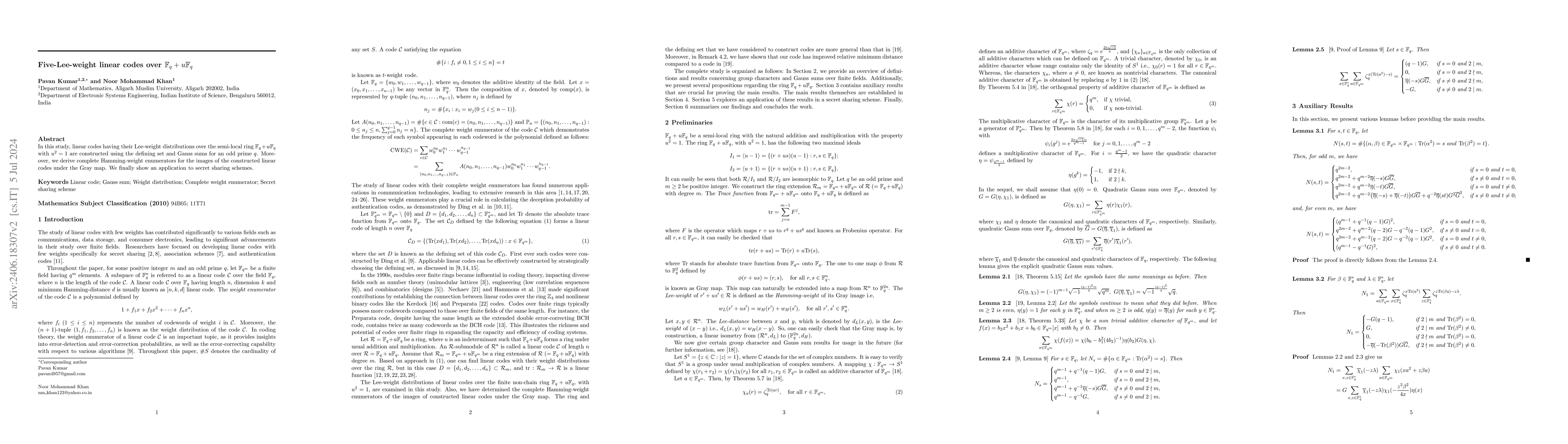 Thumbnail for Five-Lee-weight linear codes over $\mathbb{F}_{q}+u\mathbb{F}_{q}$