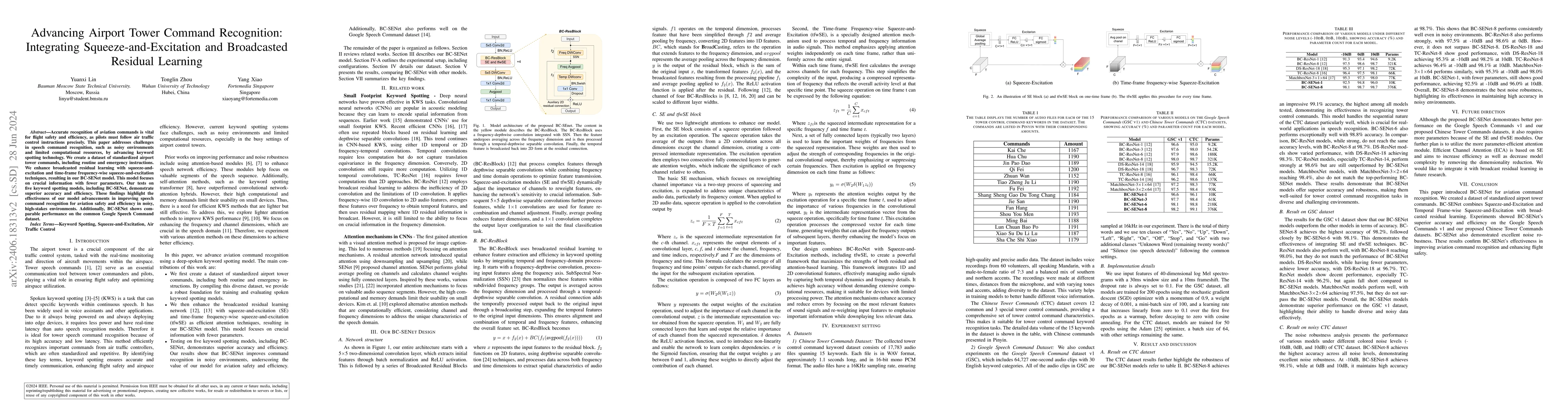 Thumbnail for Advancing Airport Tower Command Recognition: Integrating
  Squeeze-and-Excitation and Broadcasted Residual Learning