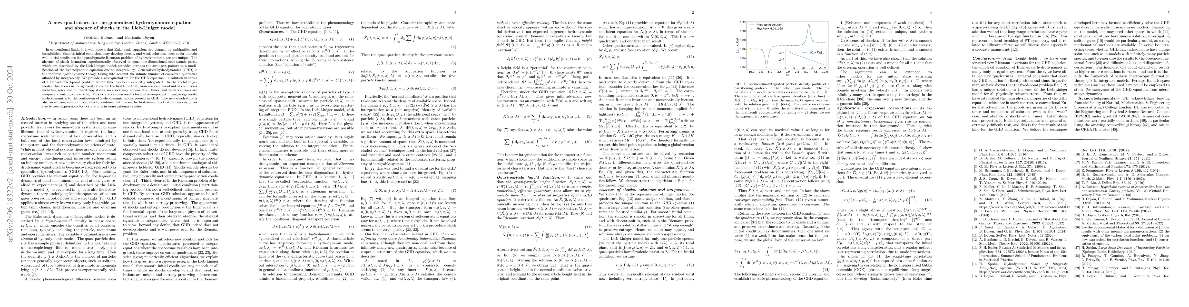 Thumbnail for A new quadrature for the generalized hydrodynamics equation and absence
  of shocks in the Lieb-Liniger model