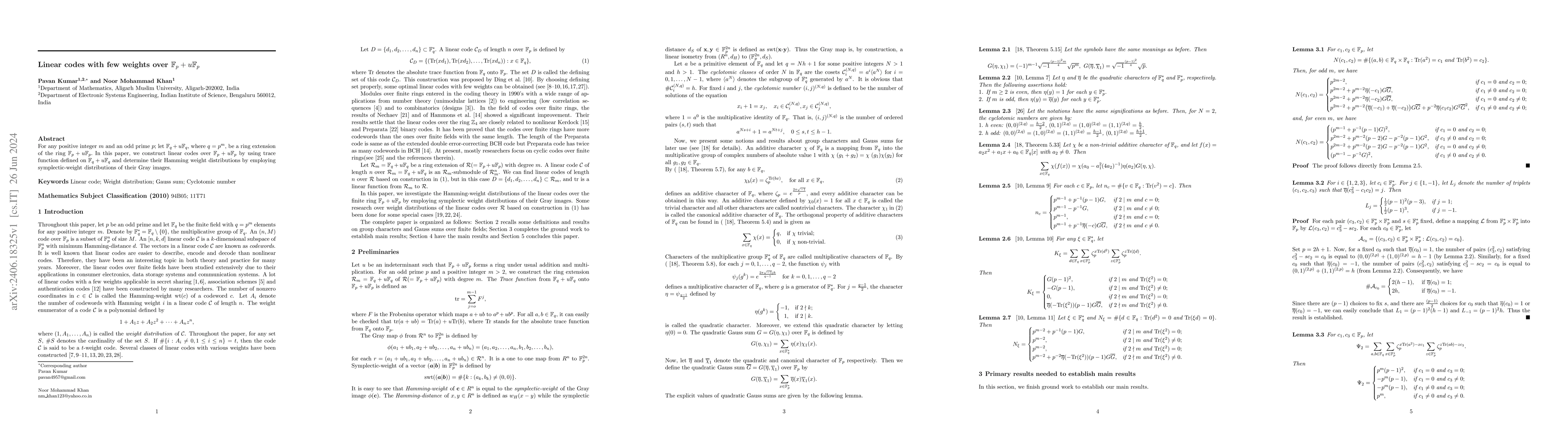 Thumbnail for Linear codes with few weights over $\mathbb{F}_{p}+u\mathbb{F}_{p}$