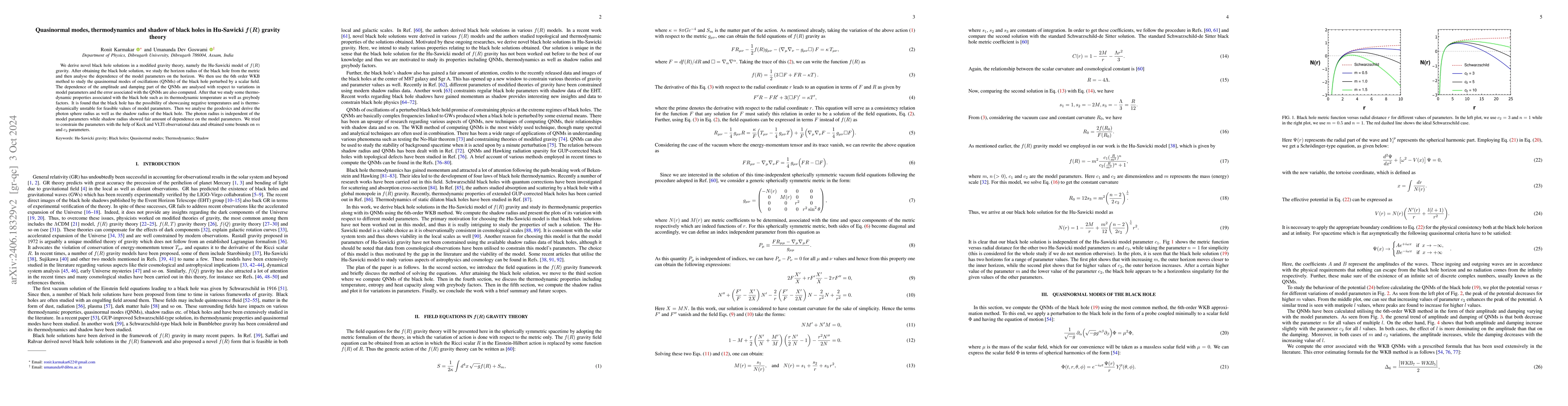 Thumbnail for Quasinormal modes, thermodynamics and shadow of black holes in
  Hu-Sawicki f(R) gravity theory