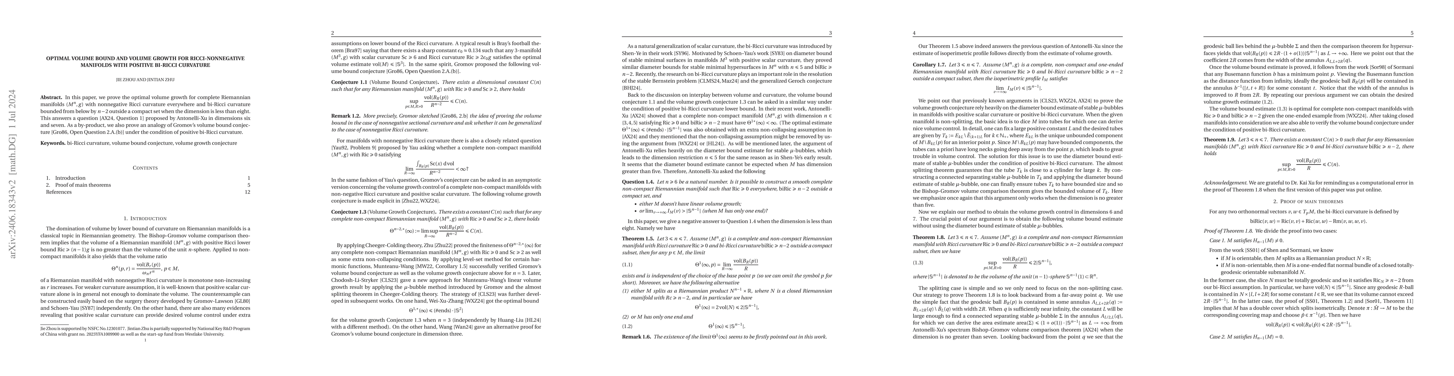 Thumbnail for Optimal volume bound and volume growth for Ricci-nonnegative manifolds
  with positive Bi-Ricci curvature