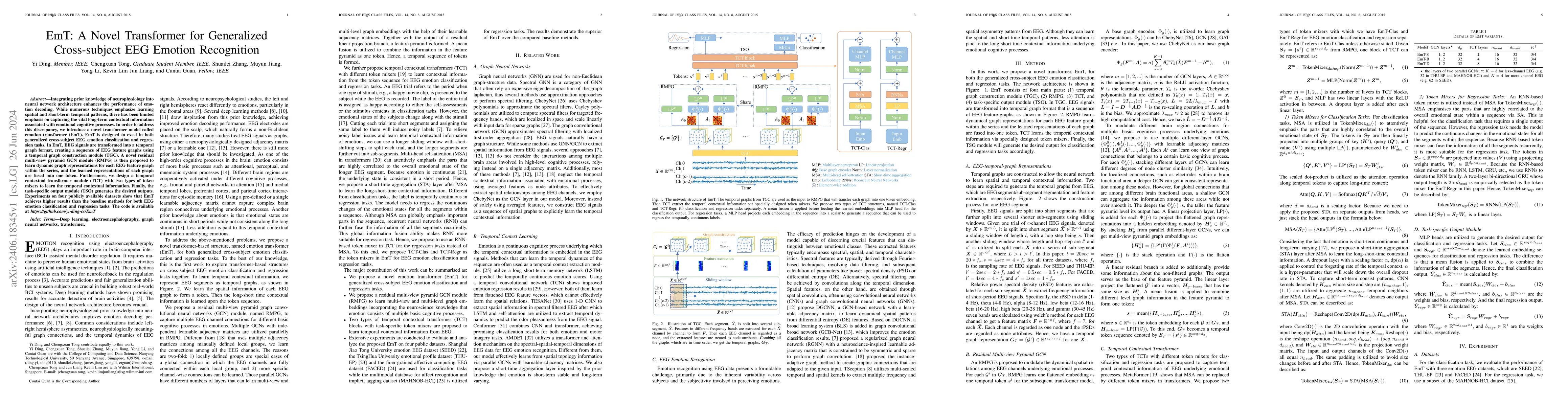 Thumbnail for EmT: A Novel Transformer for Generalized Cross-subject EEG Emotion
  Recognition