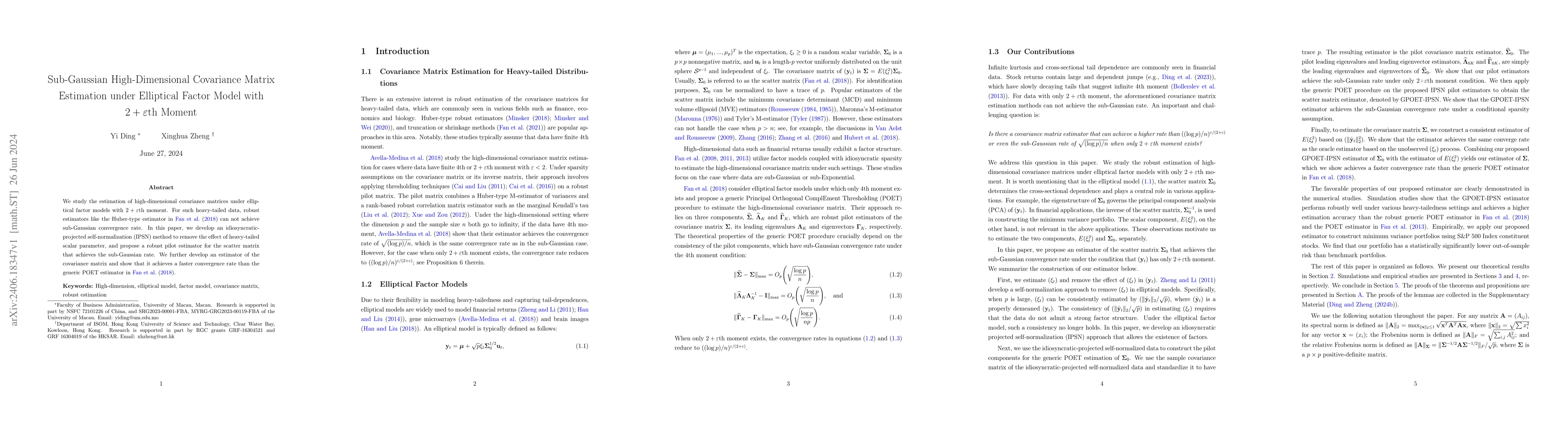 Thumbnail for Sub-Gaussian High-Dimensional Covariance Matrix Estimation under
  Elliptical Factor Model with 2 + {\epsilon}th Moment