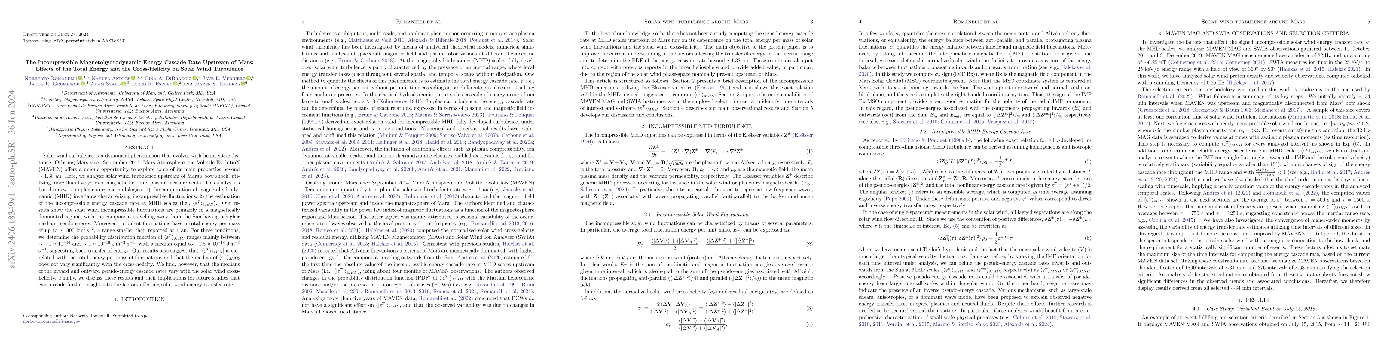Thumbnail for The Incompressible Magnetohydrodynamic Energy Cascade Rate Upstream of
  Mars: Effects of the Total Energy and the Cross-Helicity on Solar Wind
  Turbulence