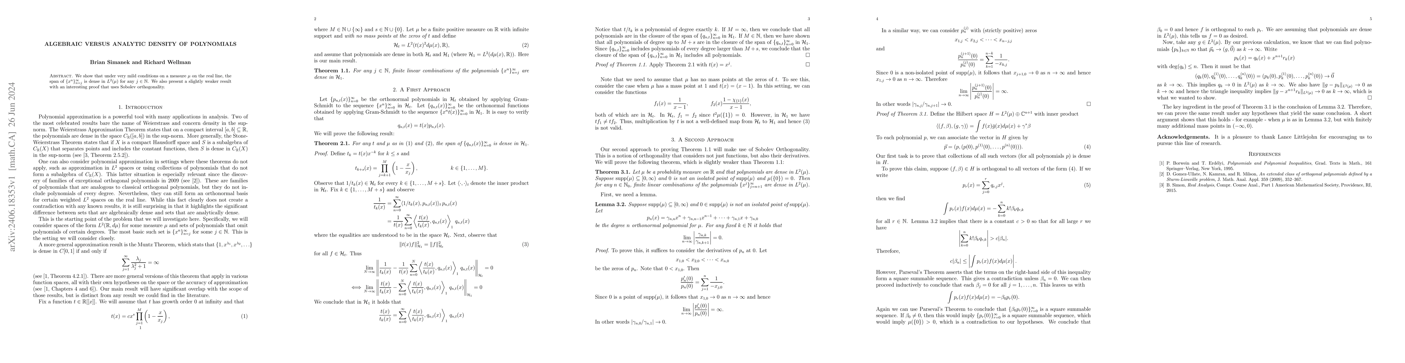 Thumbnail for Algebraic Versus Analytic Density of Polynomials