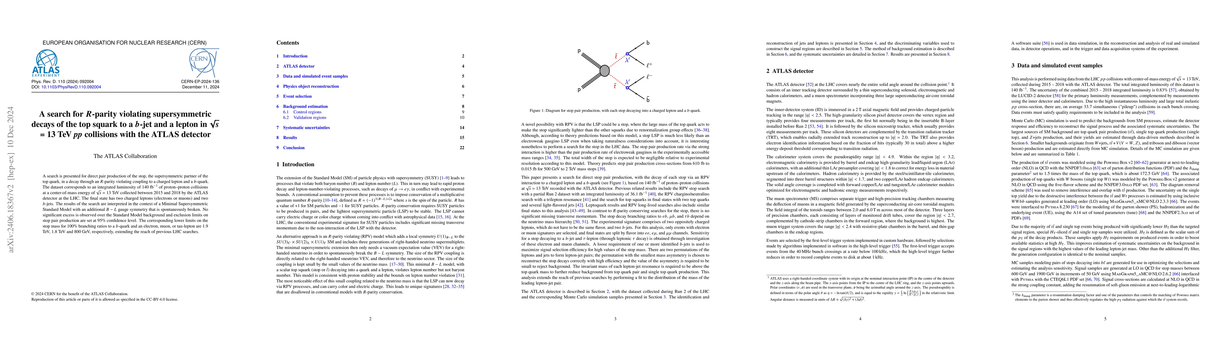 Thumbnail for A search for $R$-parity violating supersymmetric decays of the top
  squark to a $b$-jet and a lepton in $\sqrt{s}$ = 13 TeV $pp$ collisions with
  the ATLAS detector