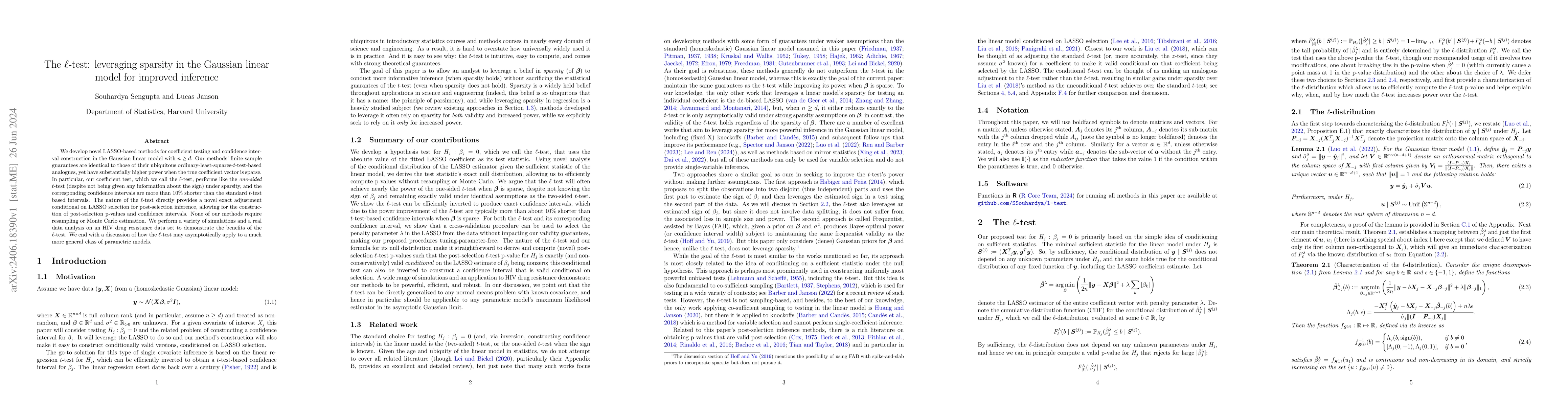Thumbnail for The $\ell$-test: leveraging sparsity in the Gaussian linear model for
  improved inference