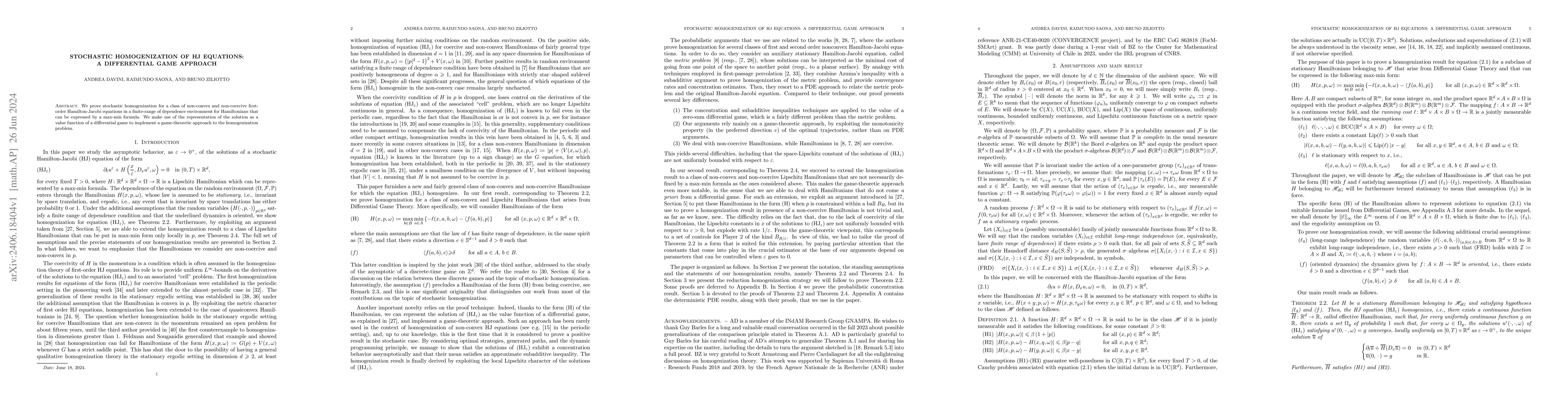 Thumbnail for Stochastic homogenization of HJ equations: a differential game approach