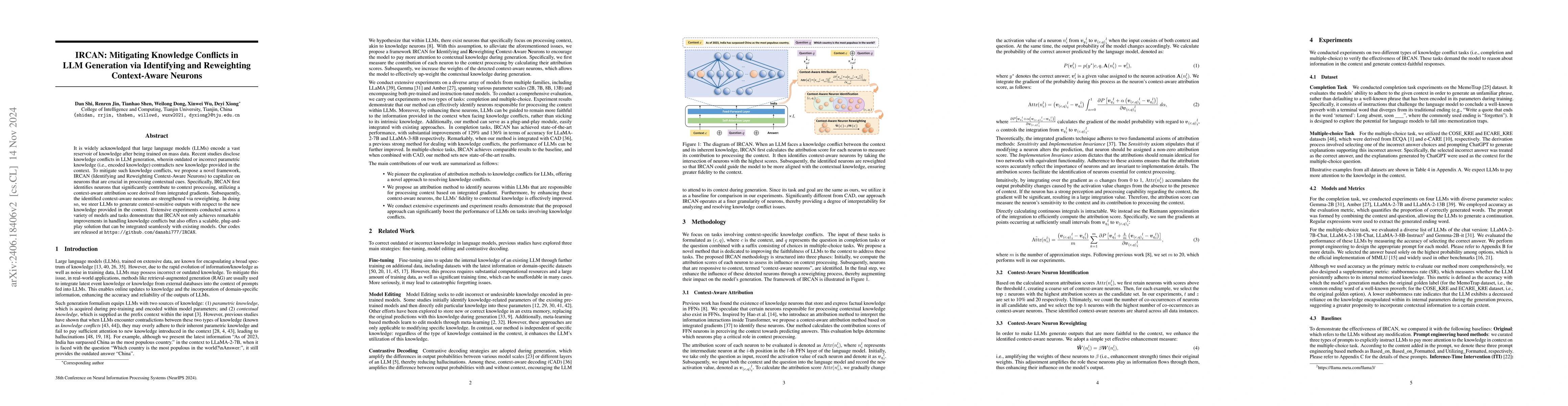 Thumbnail for IRCAN: Mitigating Knowledge Conflicts in LLM Generation via Identifying
  and Reweighting Context-Aware Neurons