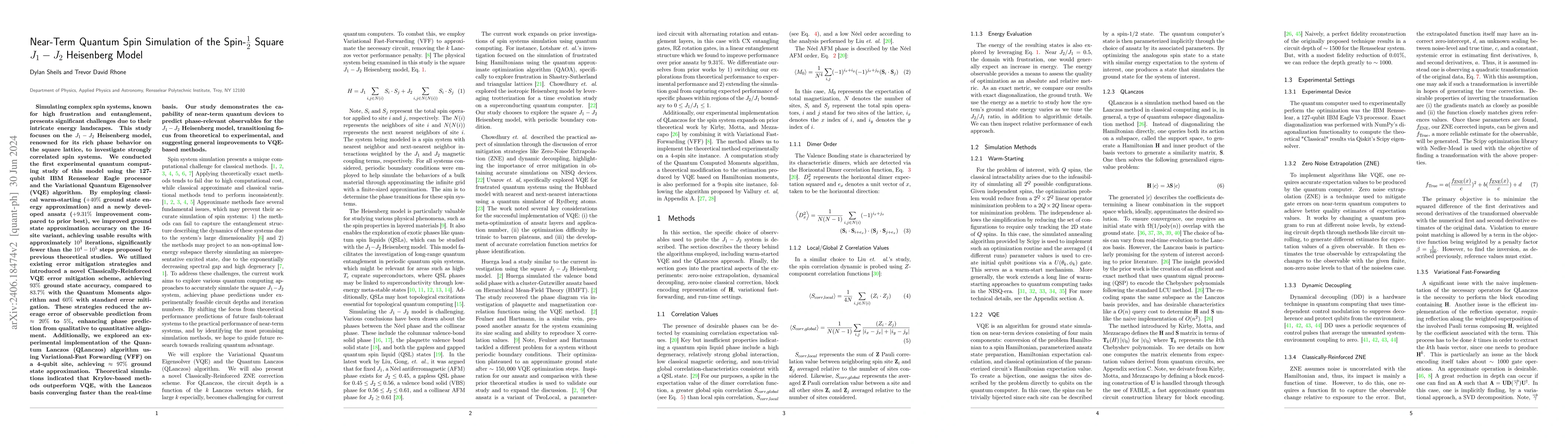 Thumbnail for Near-Term Quantum Spin Simulation of the Spin-$\frac{1}{2}$ Square
  $J_{1}-J_{2}$ Heisenberg Model