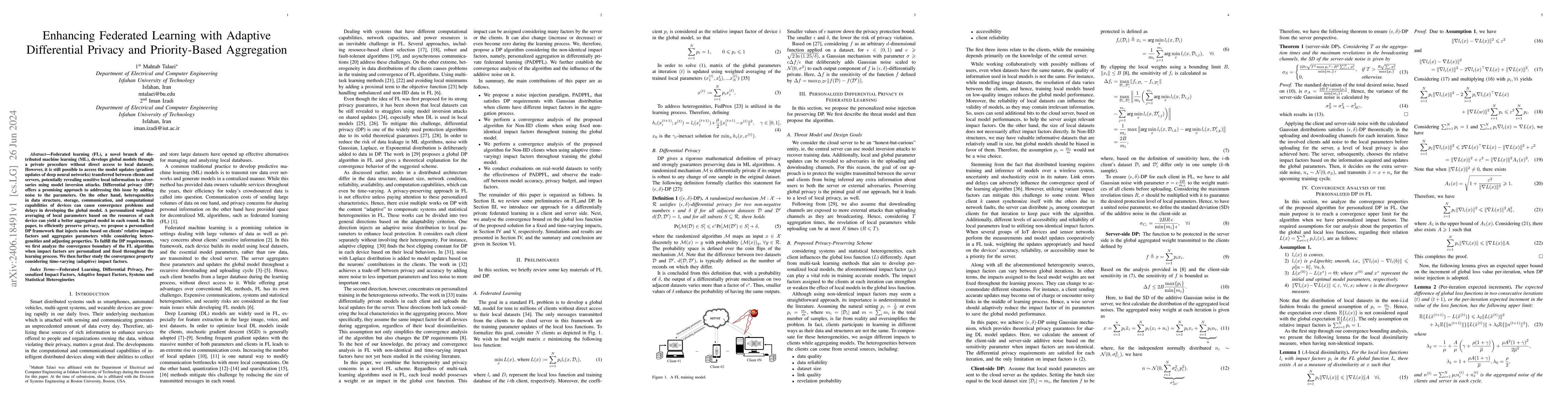 Thumbnail for Enhancing Federated Learning with Adaptive Differential Privacy and
  Priority-Based Aggregation