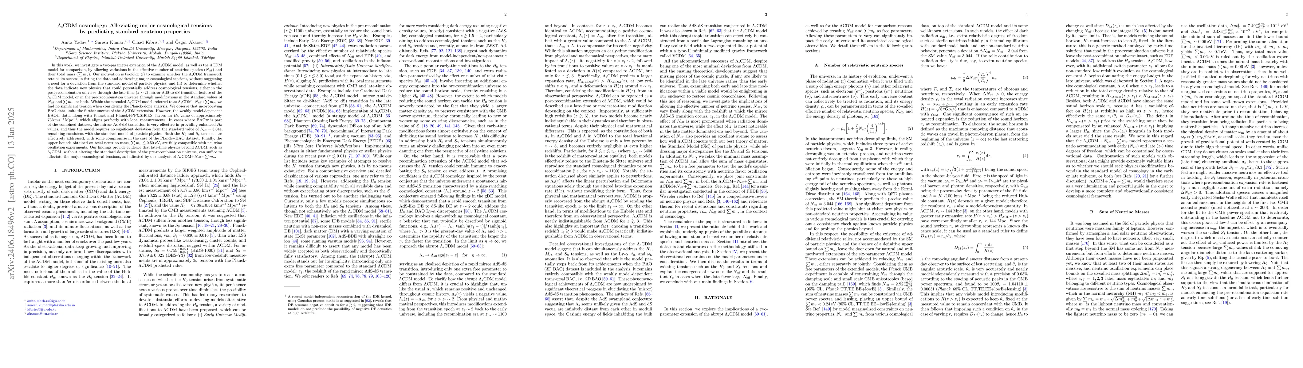 Thumbnail for $\Lambda_{\rm s}$CDM cosmology: Alleviating major cosmological tensions
  by predicting standard neutrino properties