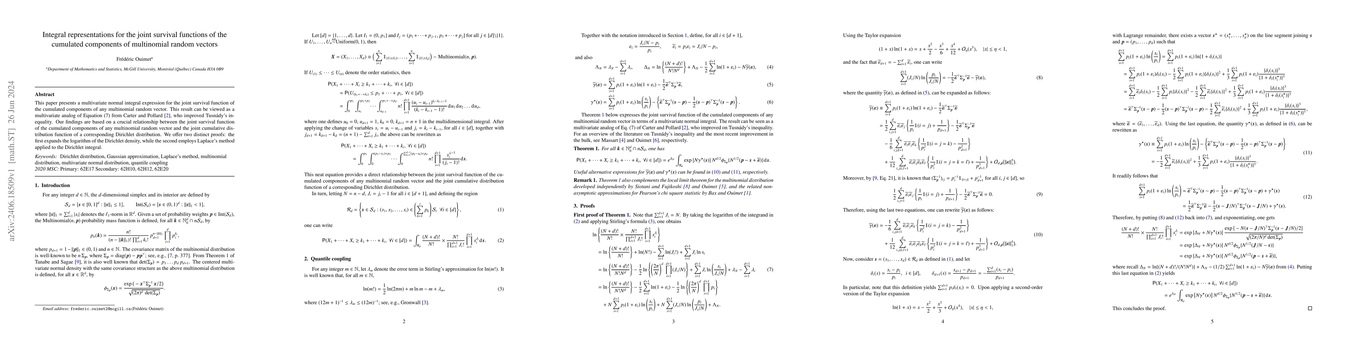 Thumbnail for Integral representations for the joint survival functions of the
  cumulated components of multinomial random vectors